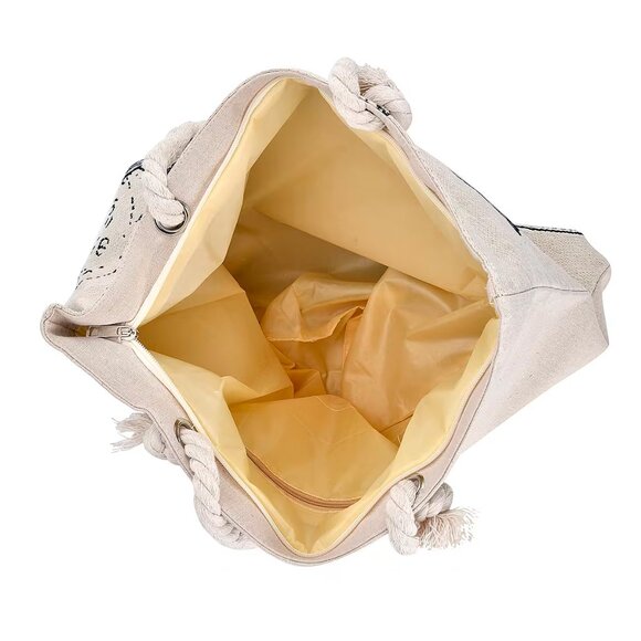 Beige/Blue Butterfly Pattern Jute Large Tote Bag - Picture 4 of 4